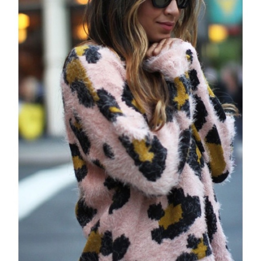 Topshop Pink Fuzzy Leopard Sweater